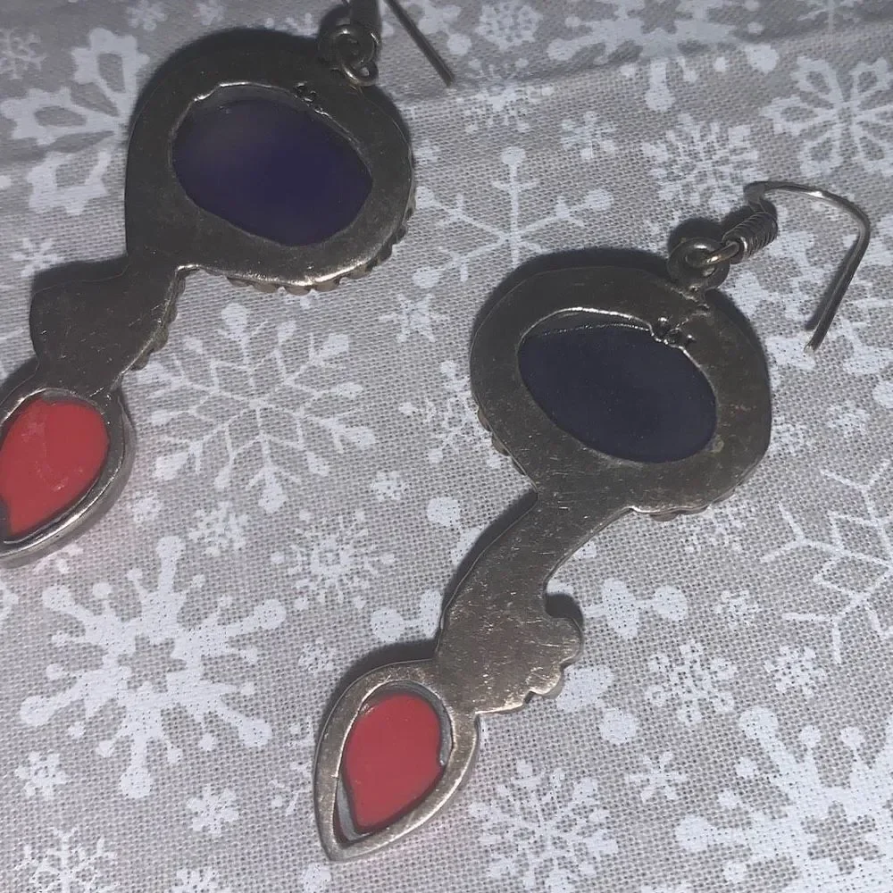 Sterling Silver 925 Blue Orange‎ Coral Drop Earrings Pierced